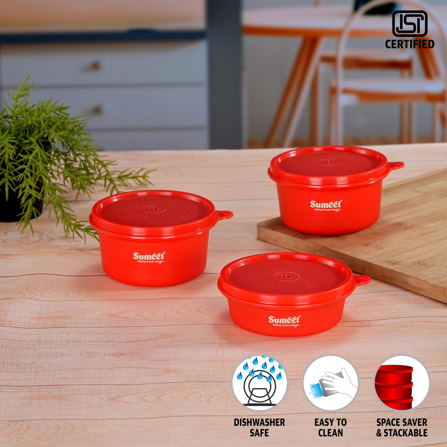 Sumeet ISI Certified Inside Steel Microwave Safe BPA Free Lunch Boxes/Storage Containers with Air Tight & Leak Proof Lid for Home/Office/School, 250ml & 350ml Set of 3, Red