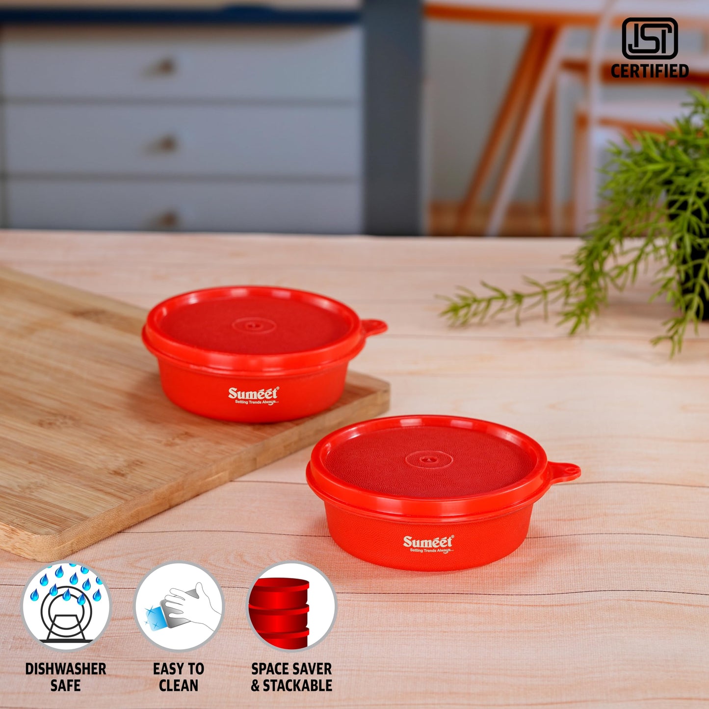 Sumeet ISI Certified Inside Steel Microwave Safe BPA Free Lunch Boxes/Storage Containers with Air Tight & Leak Proof Lid for Home/Office/School, 250ml, Set of 2, Red