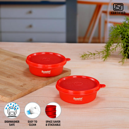 Sumeet ISI Certified Inside Steel Microwave Safe BPA Free Lunch Boxes/Storage Containers with Air Tight & Leak Proof Lid for Home/Office/School, 250ml, Set of 2, Red