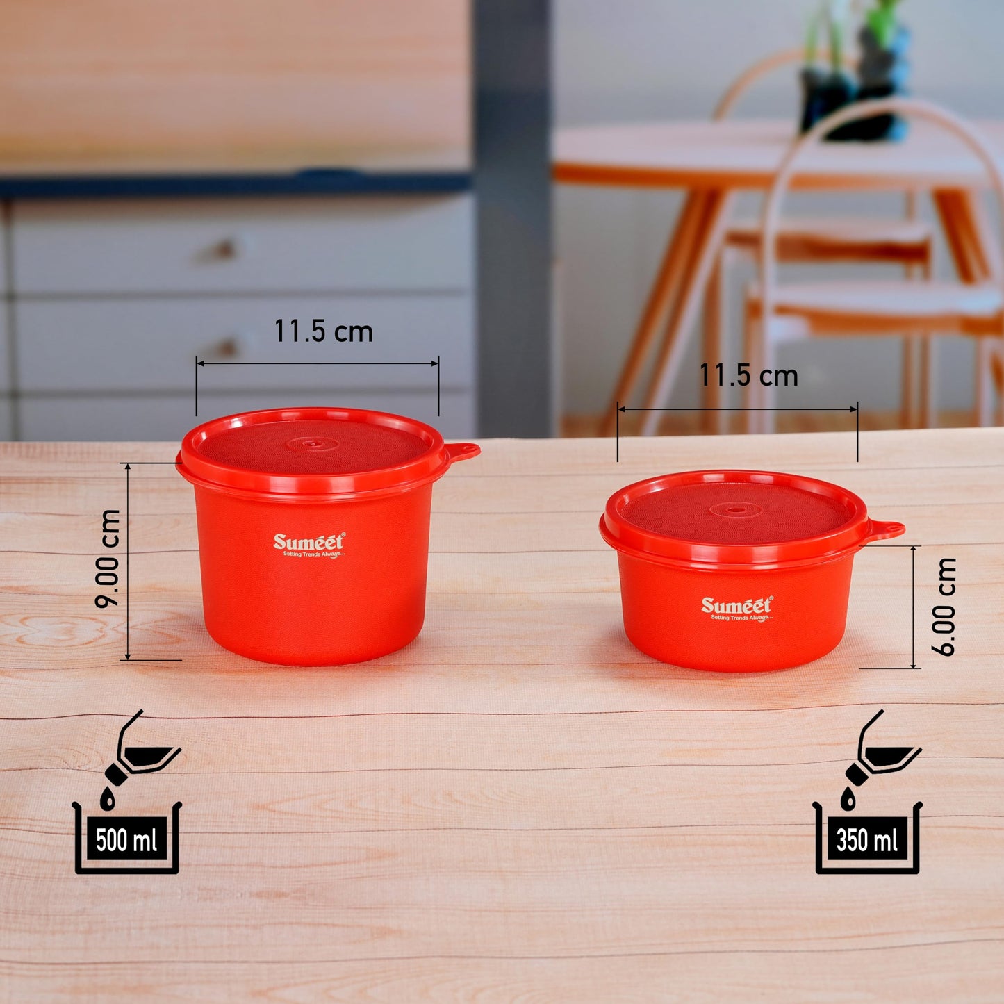 Sumeet ISI Certified Inside Steel Microwave Safe BPA Free Lunch Boxes/Storage Containers with Air Tight & Leak Proof Lid for Home/Office/School, 350ml & 500ml Set of 3, Red