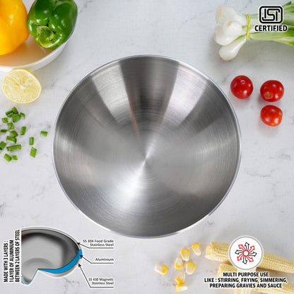 Sumeet ISI Certified Cook Smart TriPly Steel-Aluminium-Steel 3 Layer Round Bottom Tasra - 20cm, 1.650Ltr, Silver