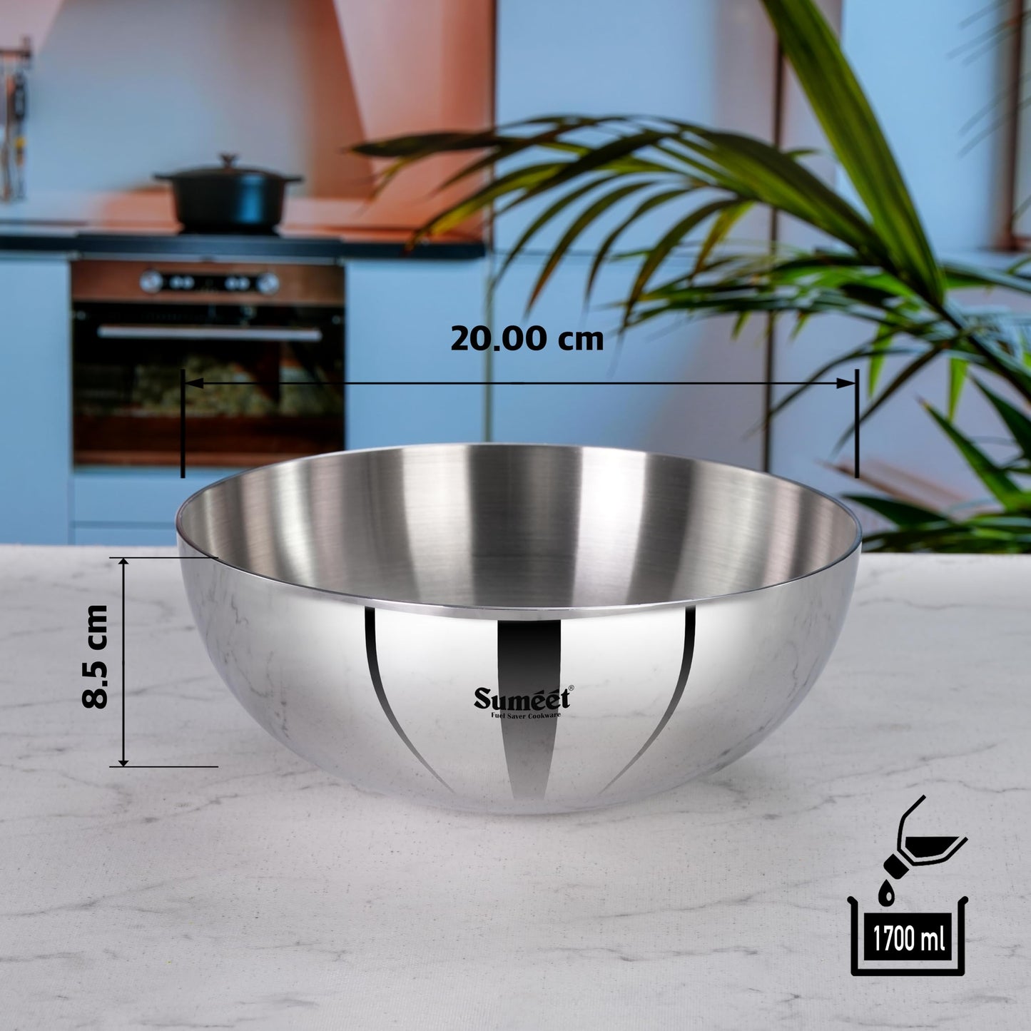 Sumeet ISI Certified Cook Smart TriPly Steel-Aluminium-Steel 3 Layer Round Bottom Tasra - 20cm, 1.650Ltr, Silver