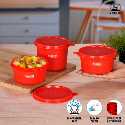 Sumeet ISI Certified Inside Steel Microwave Safe BPA Free Lunch Boxes/Storage Containers with Air Tight & Leak Proof Lid for Home/Office/School, 350ml & 500ml Set of 3, Red