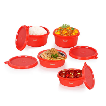 Sumeet ISI Certified Inside Steel Microwave Safe BPA Free Lunch Boxes/Storage Containers with Air Tight & Leak Proof Lid for Home/Office/School, 250ml & 350ml Set of 4, Red