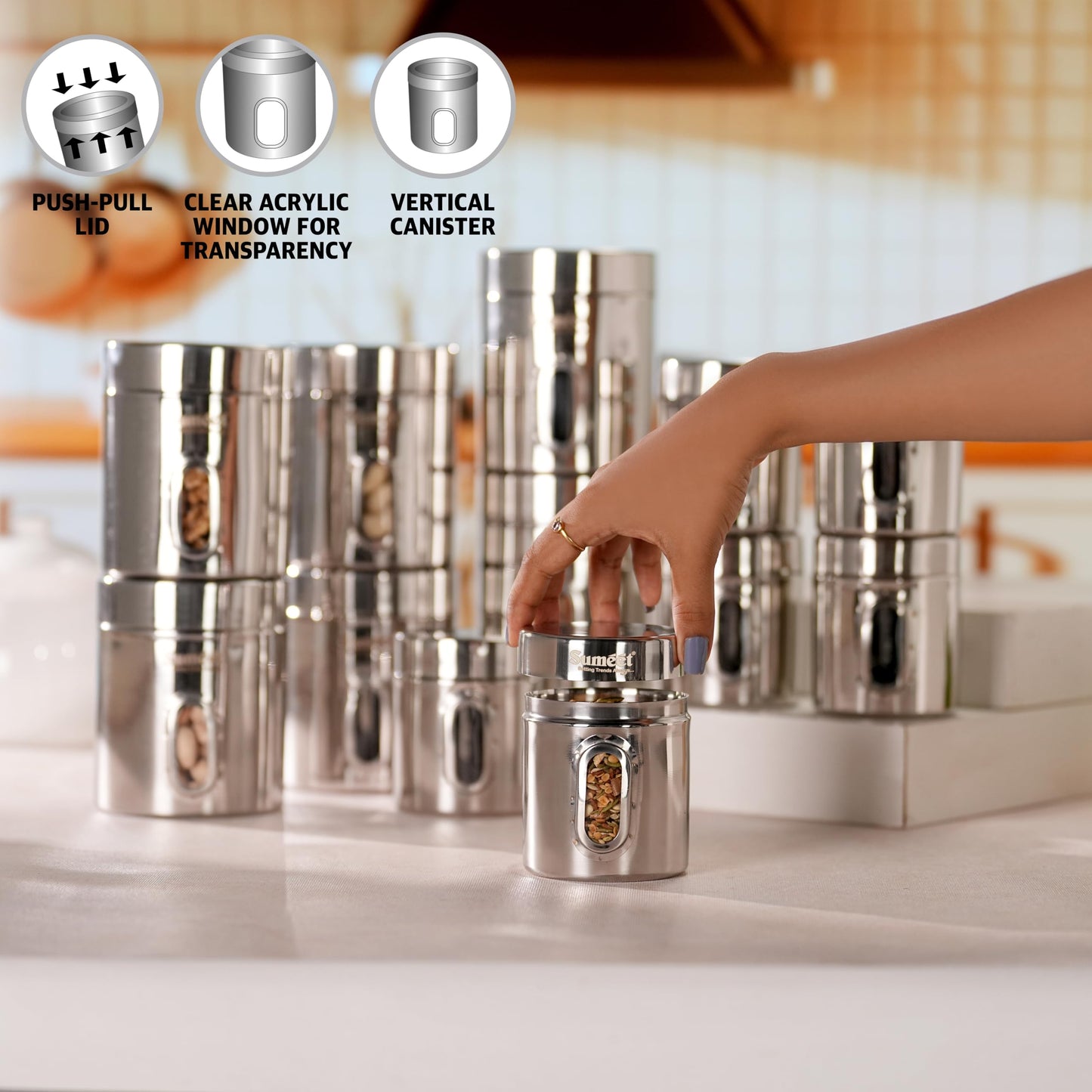 Sumeet Stainless Steel Small Containers/Jars/Dabba for Kitchen Storage with See Through Window - set of 12Pcs, 310ml +700ml capacity,7.3cm & 9.5cm Dia, Silver