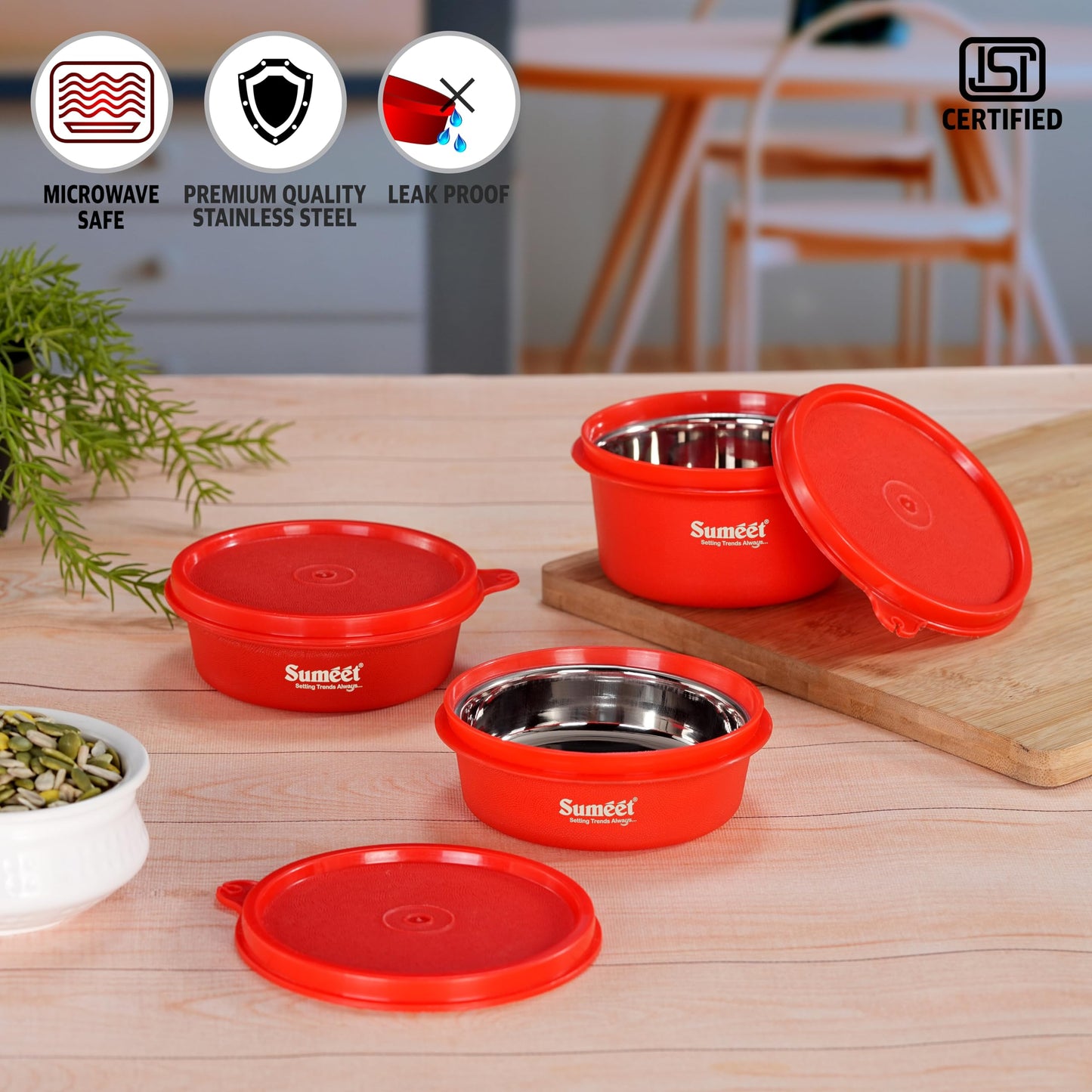 Sumeet ISI Certified Inside Steel Microwave Safe BPA Free Lunch Boxes/Storage Containers with Air Tight & Leak Proof Lid for Home/Office/School, 250ml & 350ml Set of 3, Red