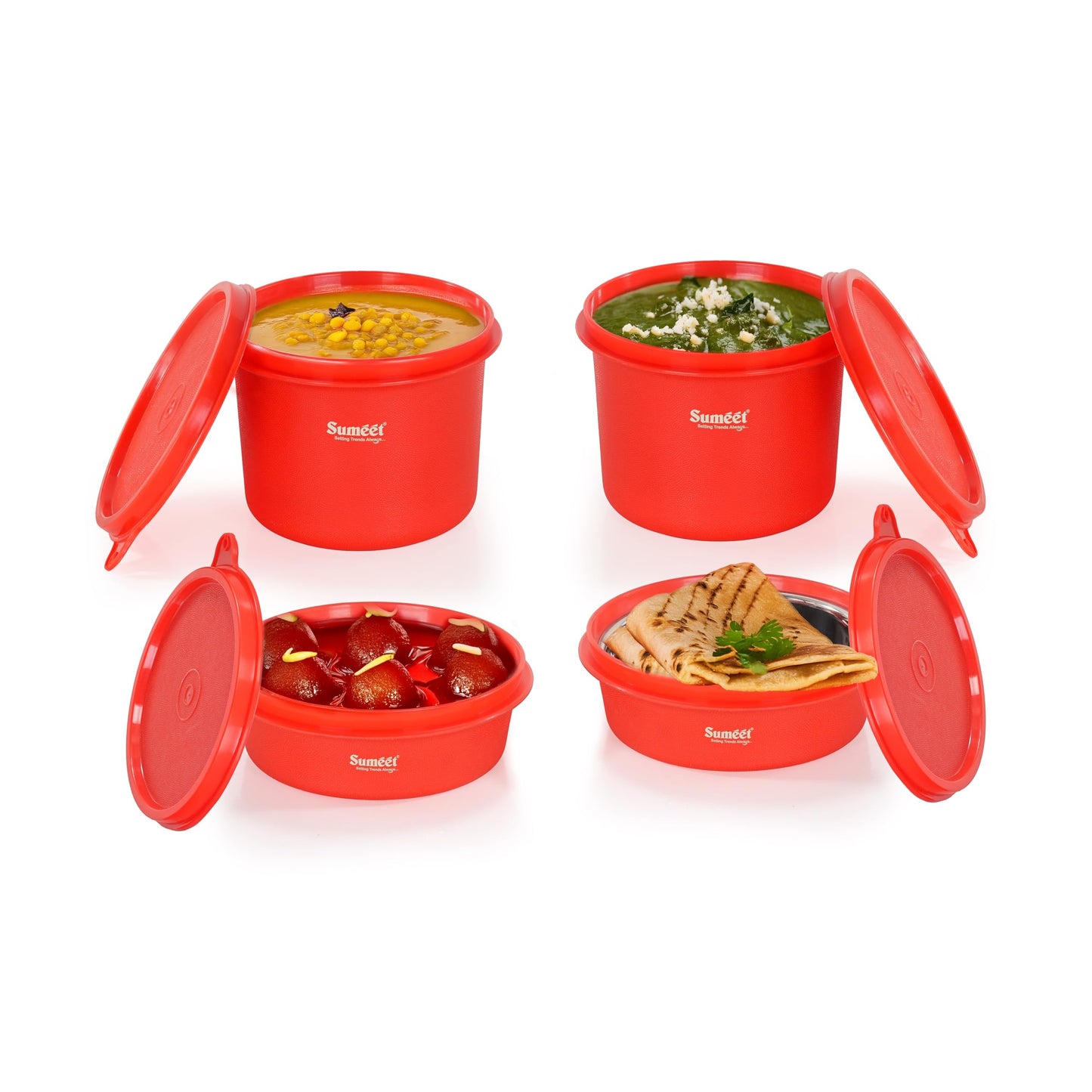 Sumeet ISI Certified Inside Steel Microwave Safe BPA Free Lunch Boxes/Storage Containers with Air Tight & Leak Proof Lid for Home/Office/School, 250ml & 500ml Set of 4, Red