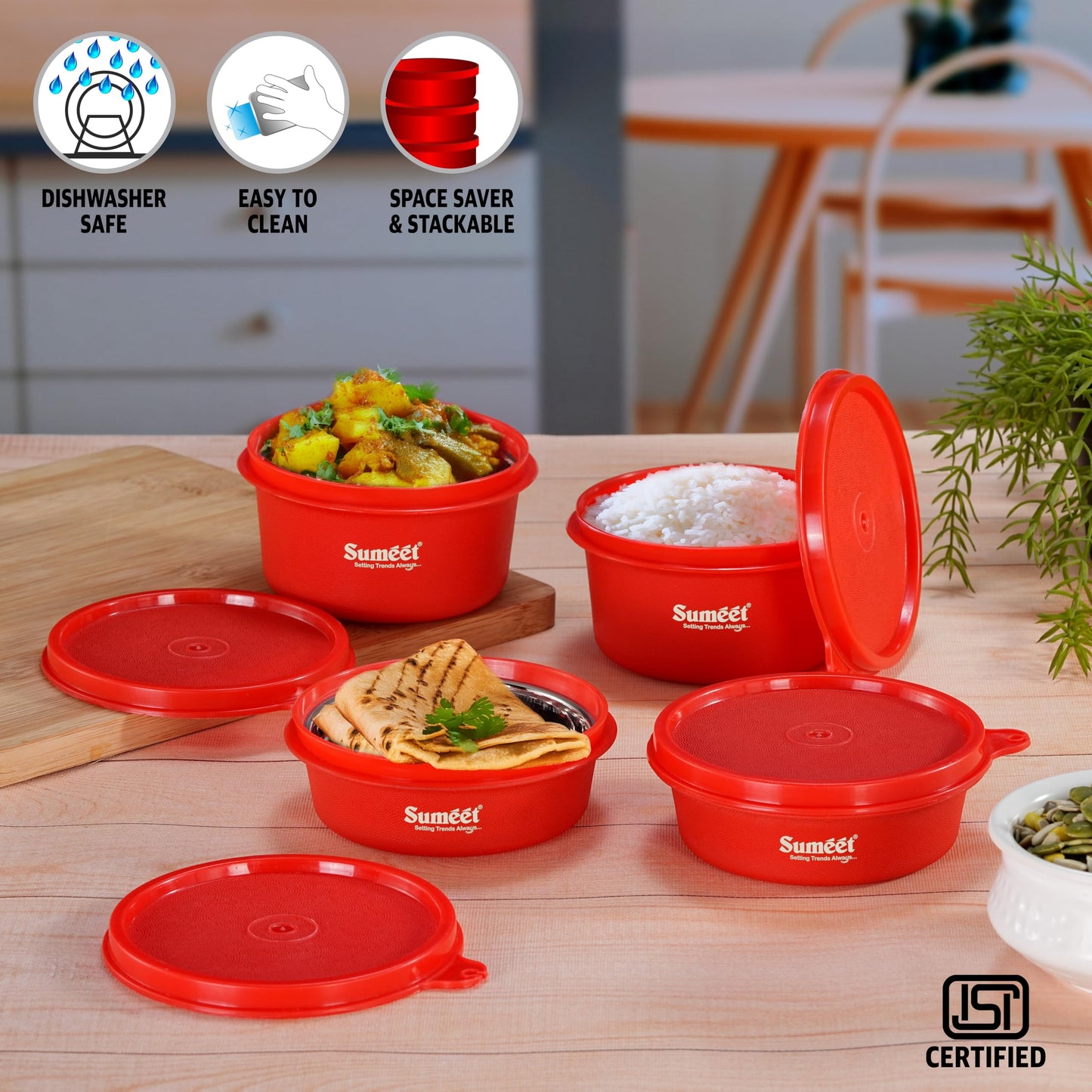 Sumeet ISI Certified Inside Steel Microwave Safe BPA Free Lunch Boxes/Storage Containers with Air Tight & Leak Proof Lid for Home/Office/School, 250ml & 350ml Set of 4, Red
