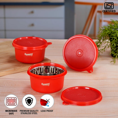 Sumeet ISI Certified Inside Steel Microwave Safe BPA Free Lunch Boxes/Storage Containers with Air Tight & Leak Proof Lid for Home/Office/School, 350ml, Set of 3, Red