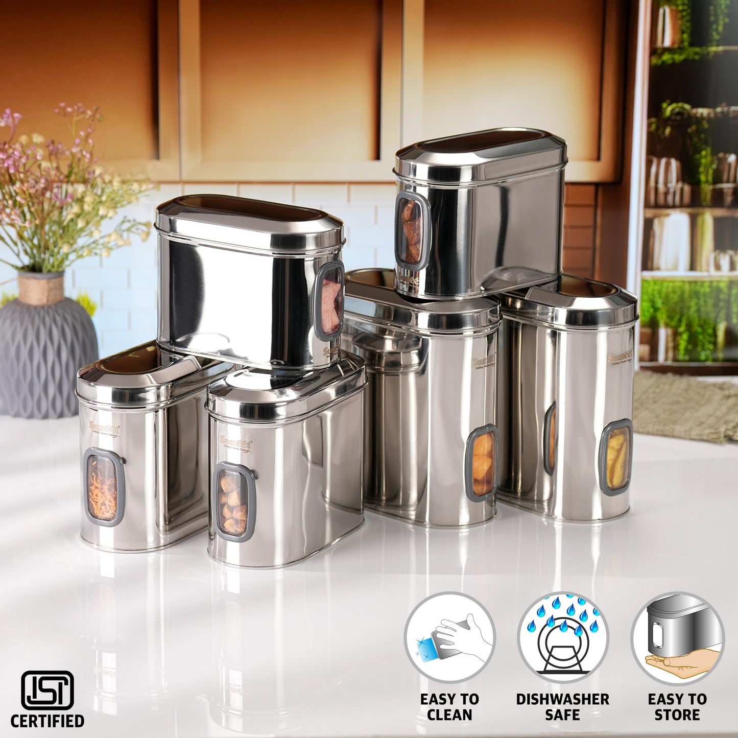 Sumeet ISI Certified Stainless Steel Capsul Canister/Container for Kitchen Storage with See Through Window - Set of 6 Pcs - 1400ml + 1850ml + 2600ml, Silver