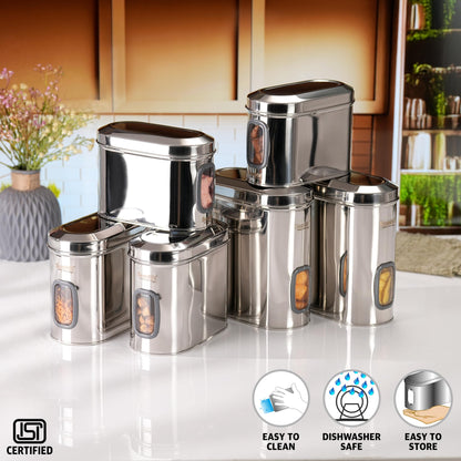 Sumeet ISI Certified Stainless Steel Capsul Canister/Container for Kitchen Storage with See Through Window - Set of 6 Pcs - 1400ml + 1850ml + 2600ml, Silver