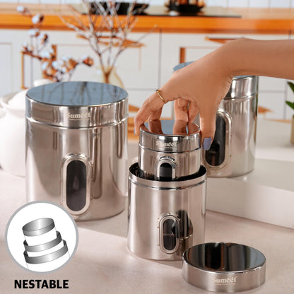 Sumeet Stainless Steel Small Containers/Jars/Dabba for Kitchen Storage with See Through Window - set of 12Pcs, 310ml +700ml capacity,7.3cm & 9.5cm Dia, Silver