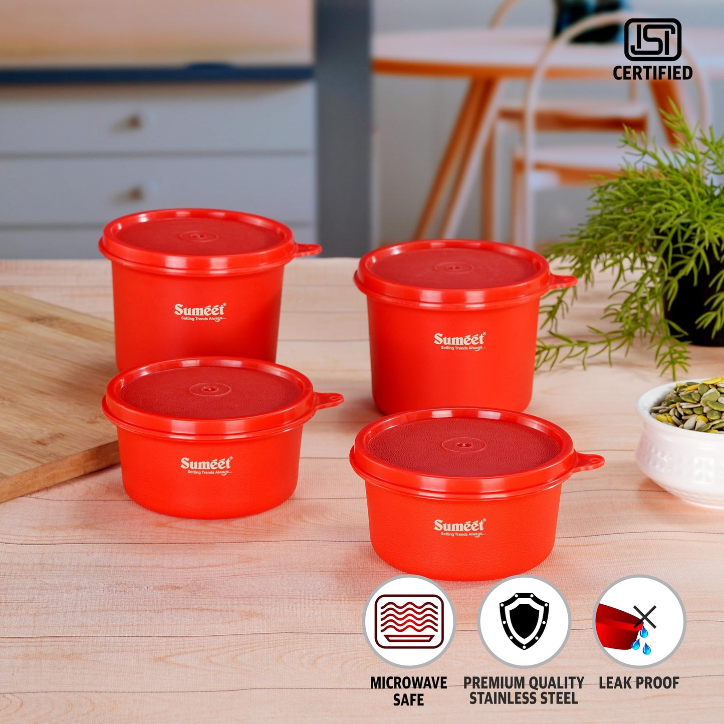 Sumeet ISI Certified Inside Steel Microwave Safe BPA Free Lunch Boxes/Storage Containers with Air Tight & Leak Proof Lid for Home/Office/School, 350ml & 500ml Set of 4, Red