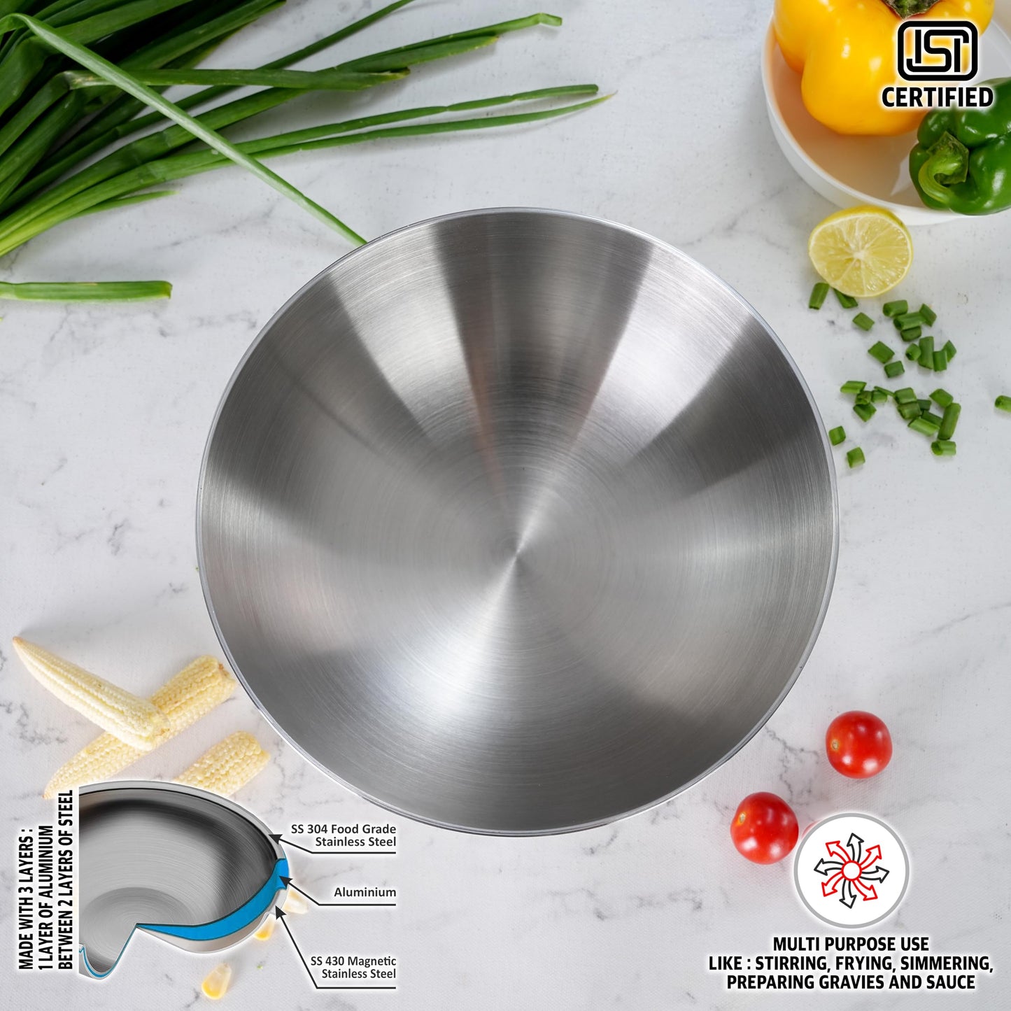 Sumeet ISI Certified Cook Smart TriPly Steel-Aluminium-Steel 3 Layer Round Bottom Tasra - 24cm, 2.900Ltr, Silver