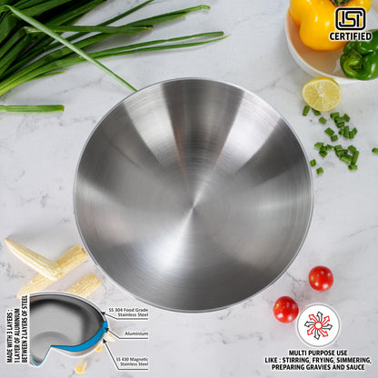 Sumeet ISI Certified Cook Smart TriPly Steel-Aluminium-Steel 3 Layer Round Bottom Tasra - 24cm, 2.900Ltr, Silver