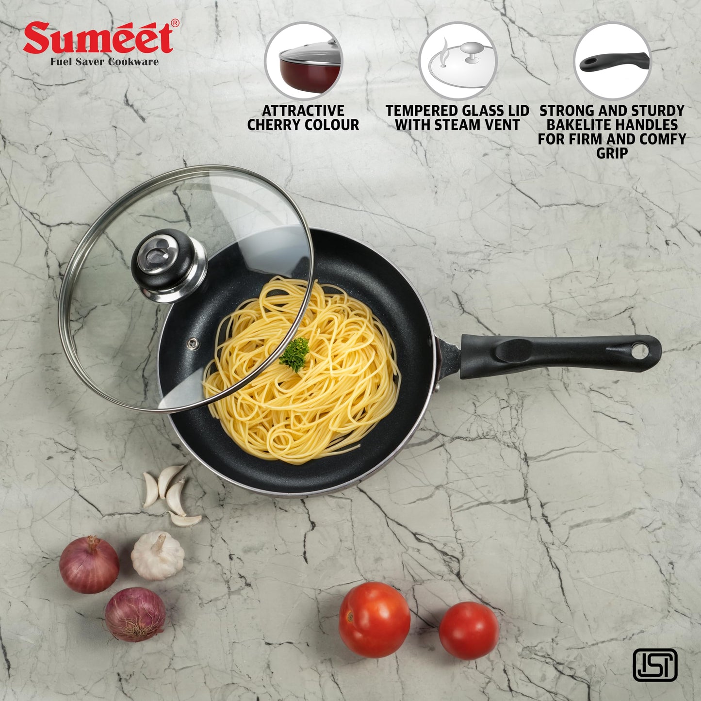 Sumeet Elegantia Induction Base Non Stick Aluminium Fry Pan with Glass Lid 21.5cm / 1550ml Capacity | Gas and Induction Friendly | Cherry