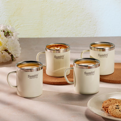 Sumeet Stainless Steel Coloured Double Wall Tea/Milk/Coffee Mug Set of 4Pc - 300ml - Ivory
