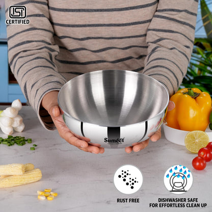 Sumeet ISI Certified Cook Smart TriPly Steel-Aluminium-Steel 3 Layer Round Bottom Tasra - 20cm, 1.650Ltr, Silver