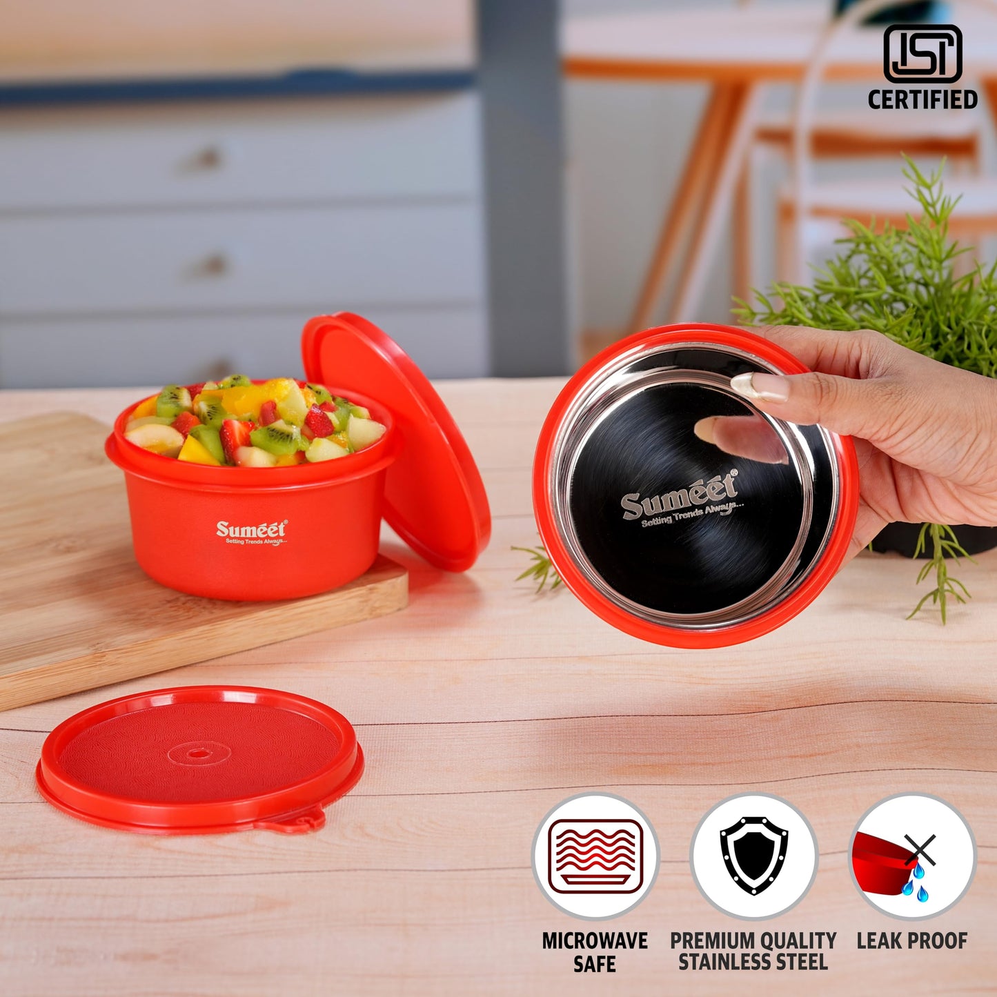 Sumeet ISI Certified Inside Steel Microwave Safe BPA Free Lunch Boxes/Storage Containers with Air Tight & Leak Proof Lid for Home/Office/School, 350ml, Set of 2, Red