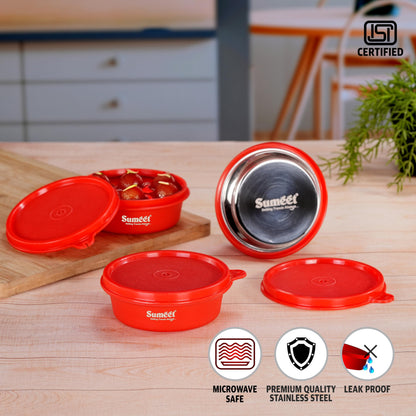 Sumeet ISI Certified Inside Steel Microwave Safe BPA Free Lunch Boxes/Storage Containers with Air Tight & Leak Proof Lid for Home/Office/School, 250ml, Set of 3, Red