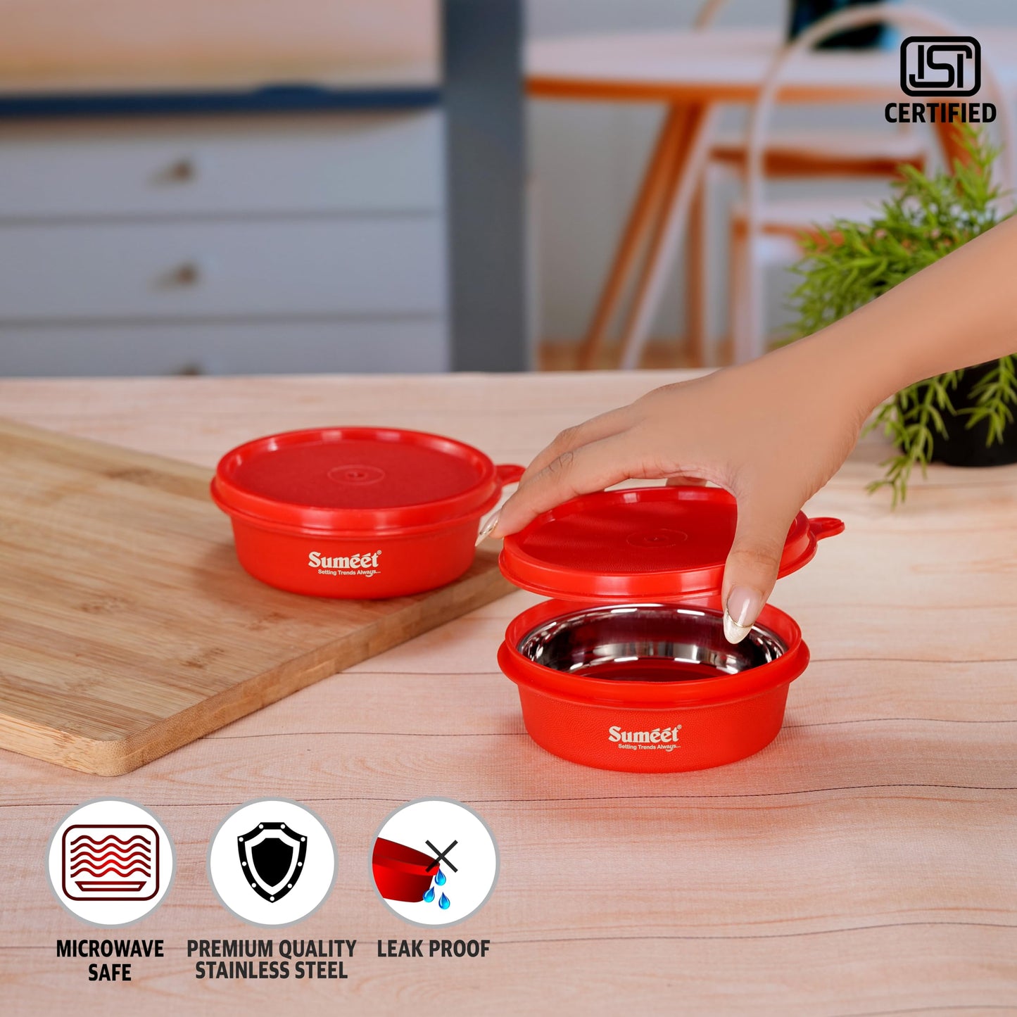 Sumeet ISI Certified Inside Steel Microwave Safe BPA Free Lunch Boxes/Storage Containers with Air Tight & Leak Proof Lid for Home/Office/School, 250ml, Set of 2, Red