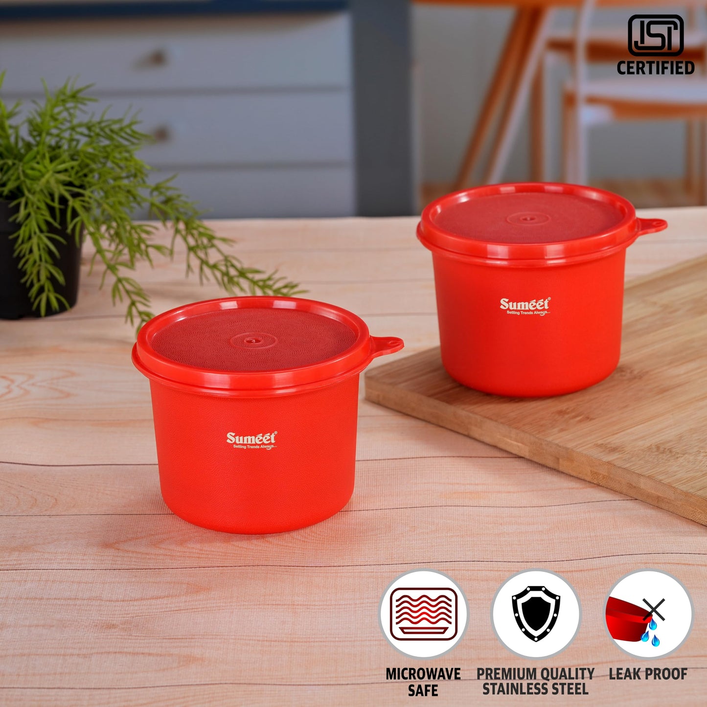Sumeet ISI Certified Inside Steel Microwave Safe BPA Free Lunch Boxes/Storage Containers with Air Tight & Leak Proof Lid for Home/Office/School, 500ml, Set of 2, Red