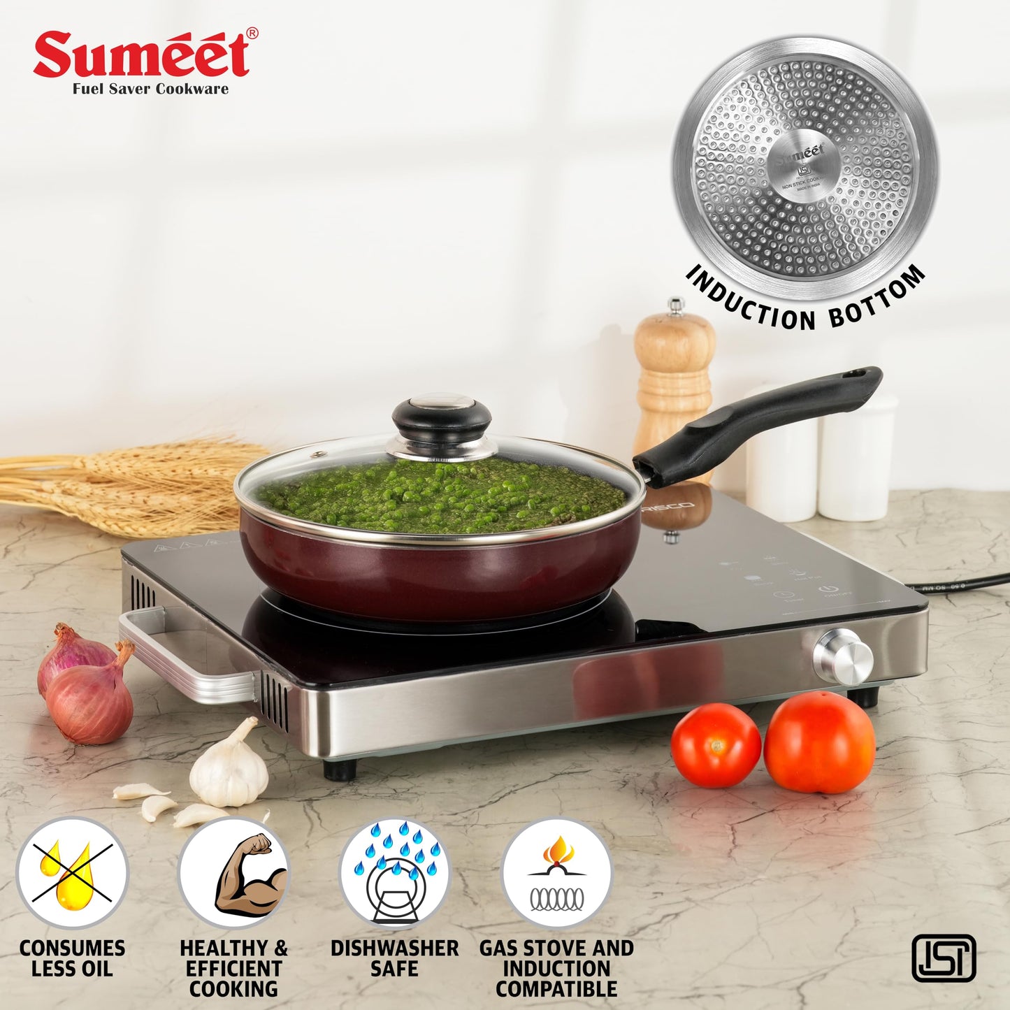 Sumeet Elegantia Induction Base Non Stick Aluminium Fry Pan with Glass Lid 21.5cm / 1550ml Capacity | Gas and Induction Friendly | Cherry