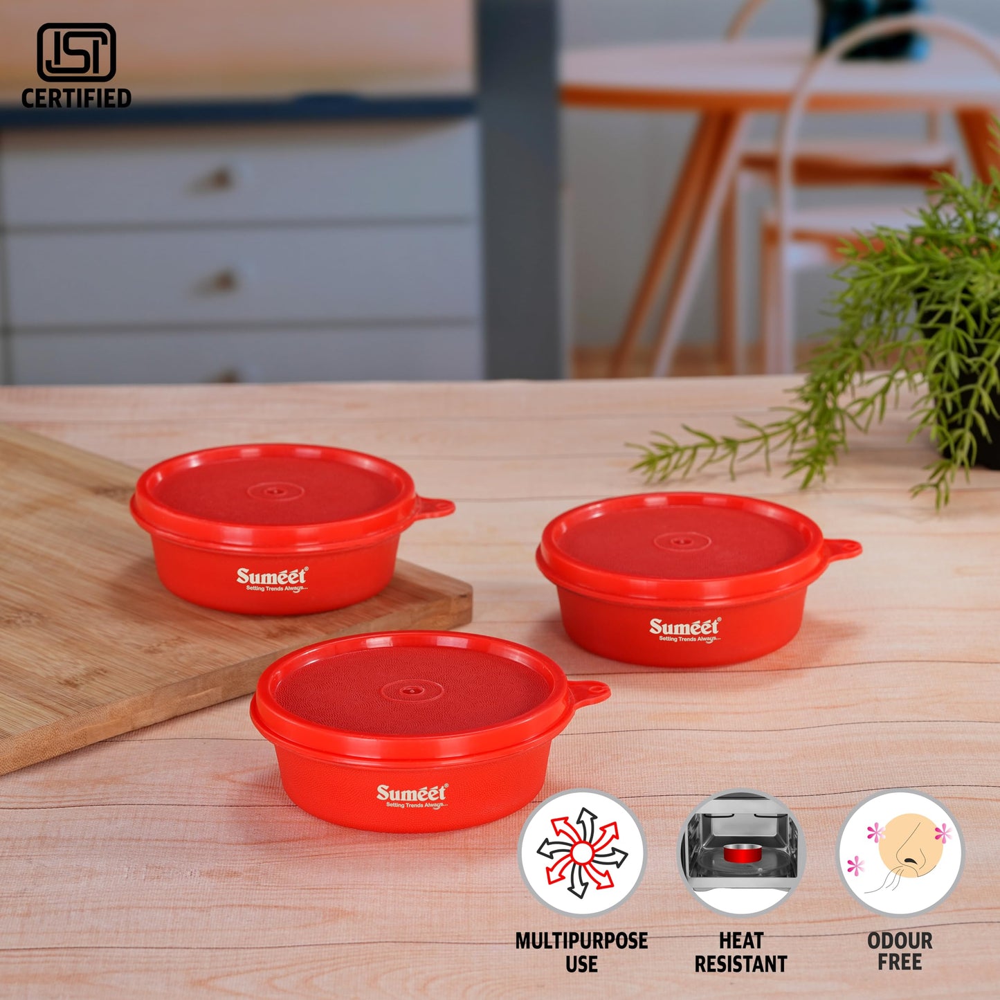 Sumeet ISI Certified Inside Steel Microwave Safe BPA Free Lunch Boxes/Storage Containers with Air Tight & Leak Proof Lid for Home/Office/School, 250ml, Set of 3, Red