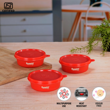 Sumeet ISI Certified Inside Steel Microwave Safe BPA Free Lunch Boxes/Storage Containers with Air Tight & Leak Proof Lid for Home/Office/School, 250ml, Set of 3, Red