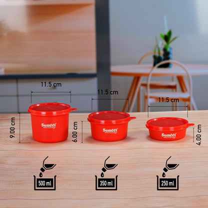 Sumeet ISI Certified Inside Steel Microwave Safe BPA Free Lunch Boxes/Storage Containers with Air Tight & Leak Proof Lid for Home/Office/School, 250ml, 350ml & 500ml, Set of 3, Red