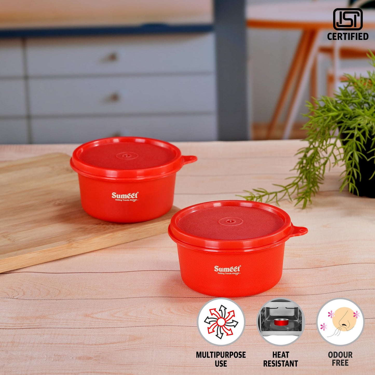 Sumeet ISI Certified Inside Steel Microwave Safe BPA Free Lunch Boxes/Storage Containers with Air Tight & Leak Proof Lid for Home/Office/School, 350ml, Set of 2, Red