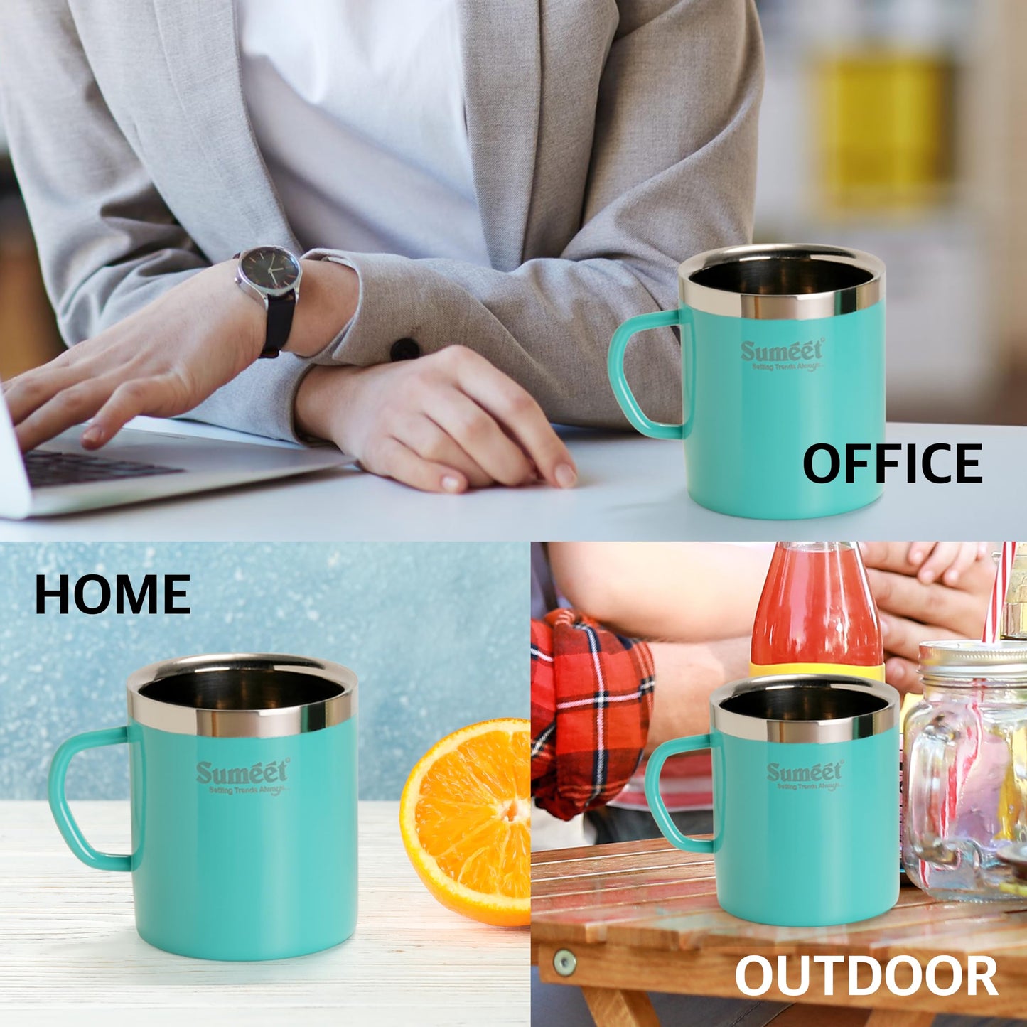 Sumeet Stainless Steel Coloured Double Wall Tea/Milk/Coffee Mug Set of 4Pc - 300ml - Green