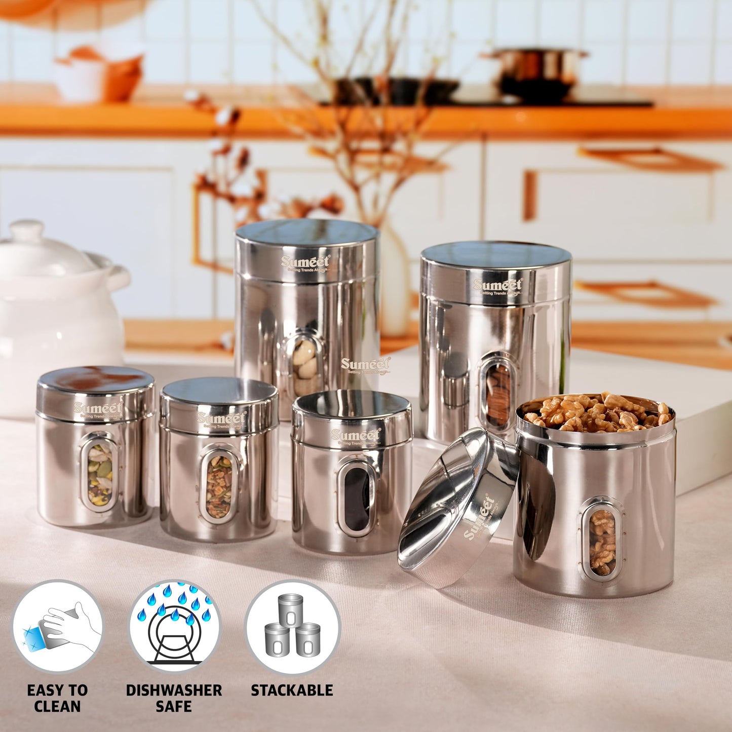 Sumeet Stainless Steel Small Containers/Jars/Dabba for - set of 6Pcs, 310ml +700ml capacity,7.3cm & 9.5cm Dia, Silver
