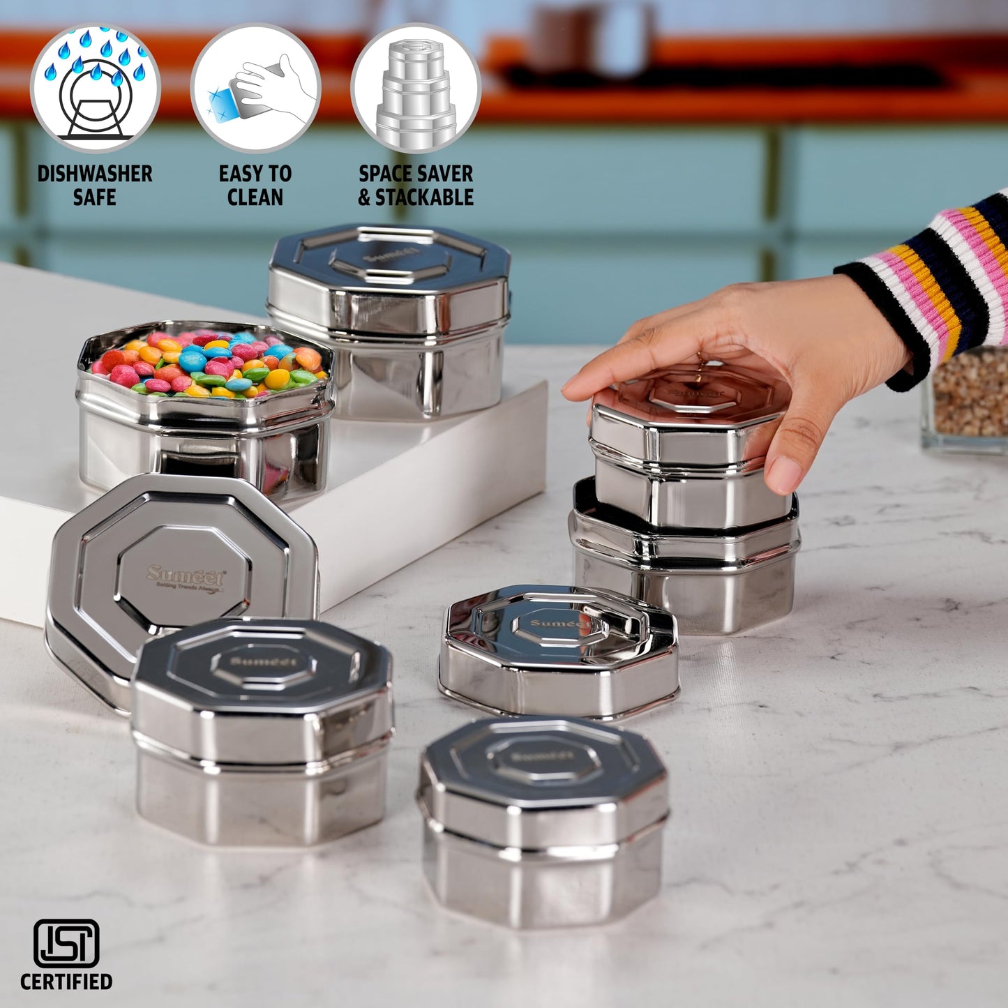 Sumeet ISI Certified Stainless Steel Hexagon Shape Small Canisters/Dabba/Storage Containers for Kitchen, Set of 6, 210ml. 270ml, 380ml - Silver