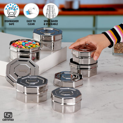 Sumeet ISI Certified Stainless Steel Hexagon Shape Small Canisters/Dabba/Storage Containers for Kitchen, Set of 6, 210ml. 270ml, 380ml - Silver