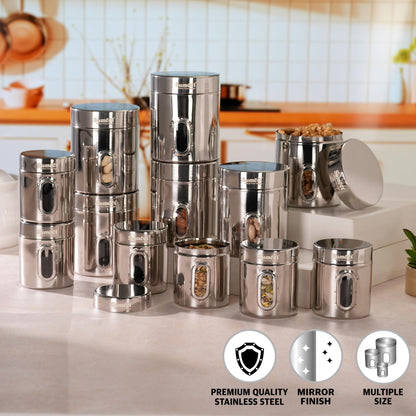 Sumeet Stainless Steel Small Containers/Jars/Dabba for Kitchen Storage with See Through Window - set of 12Pcs, 310ml +700ml capacity,7.3cm & 9.5cm Dia, Silver