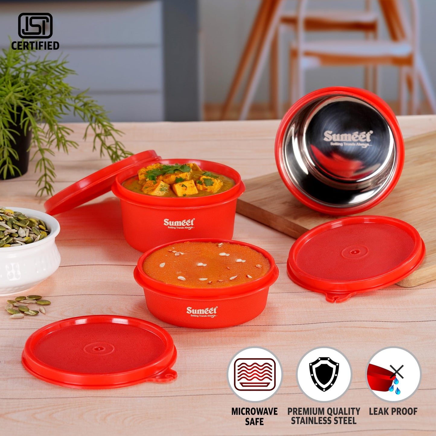 Sumeet ISI Certified Inside Steel Microwave Safe BPA Free Lunch Boxes/Storage Containers with Air Tight & Leak Proof Lid for Home/Office/School, 250ml, 350ml & 500ml, Set of 3, Red
