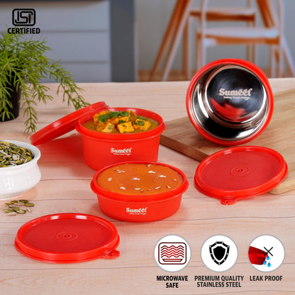Sumeet ISI Certified Inside Steel Microwave Safe BPA Free Lunch Boxes/Storage Containers with Air Tight & Leak Proof Lid for Home/Office/School, 250ml, 350ml & 500ml, Set of 3, Red