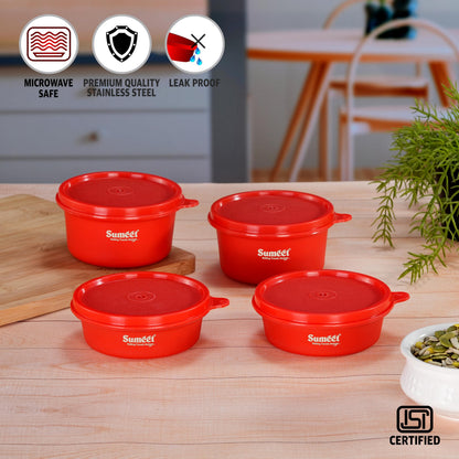 Sumeet ISI Certified Inside Steel Microwave Safe BPA Free Lunch Boxes/Storage Containers with Air Tight & Leak Proof Lid for Home/Office/School, 250ml & 350ml Set of 4, Red