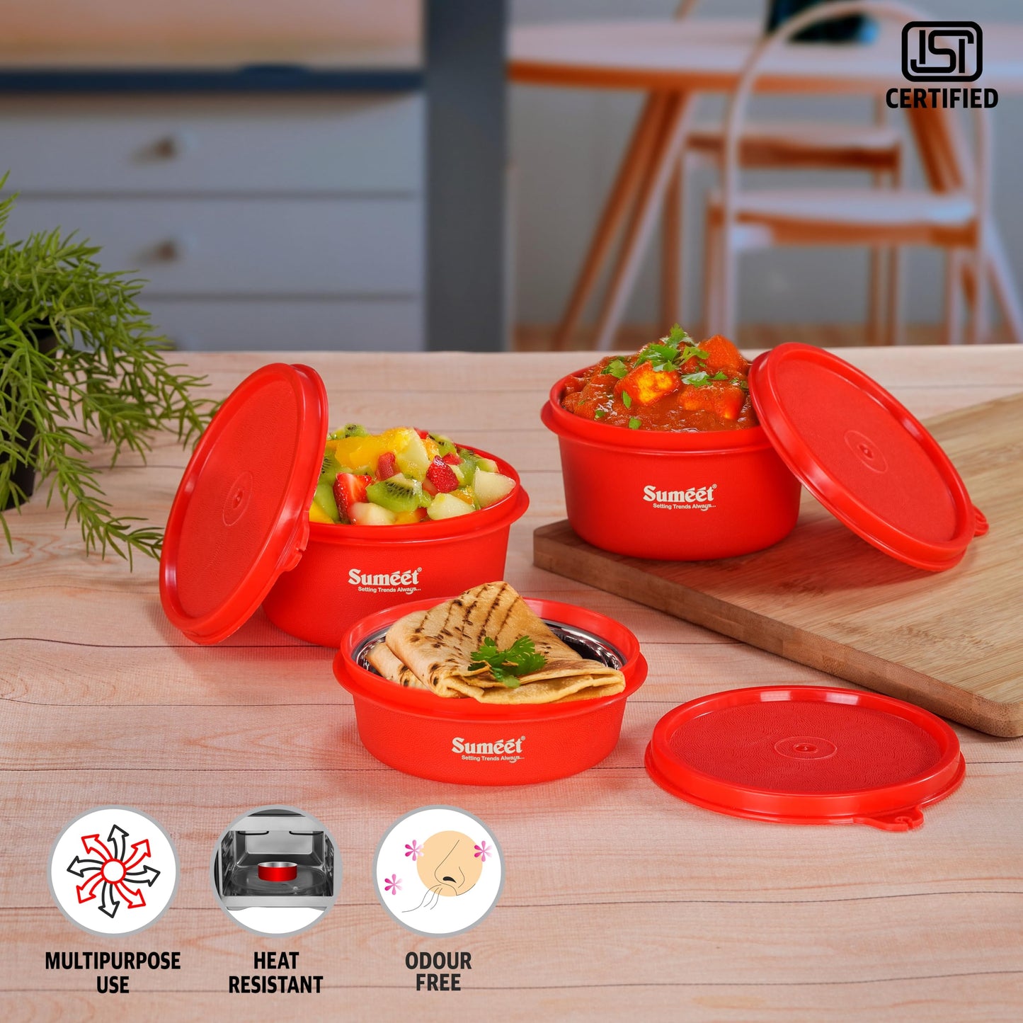 Sumeet ISI Certified Inside Steel Microwave Safe BPA Free Lunch Boxes/Storage Containers with Air Tight & Leak Proof Lid for Home/Office/School, 250ml & 350ml Set of 3, Red