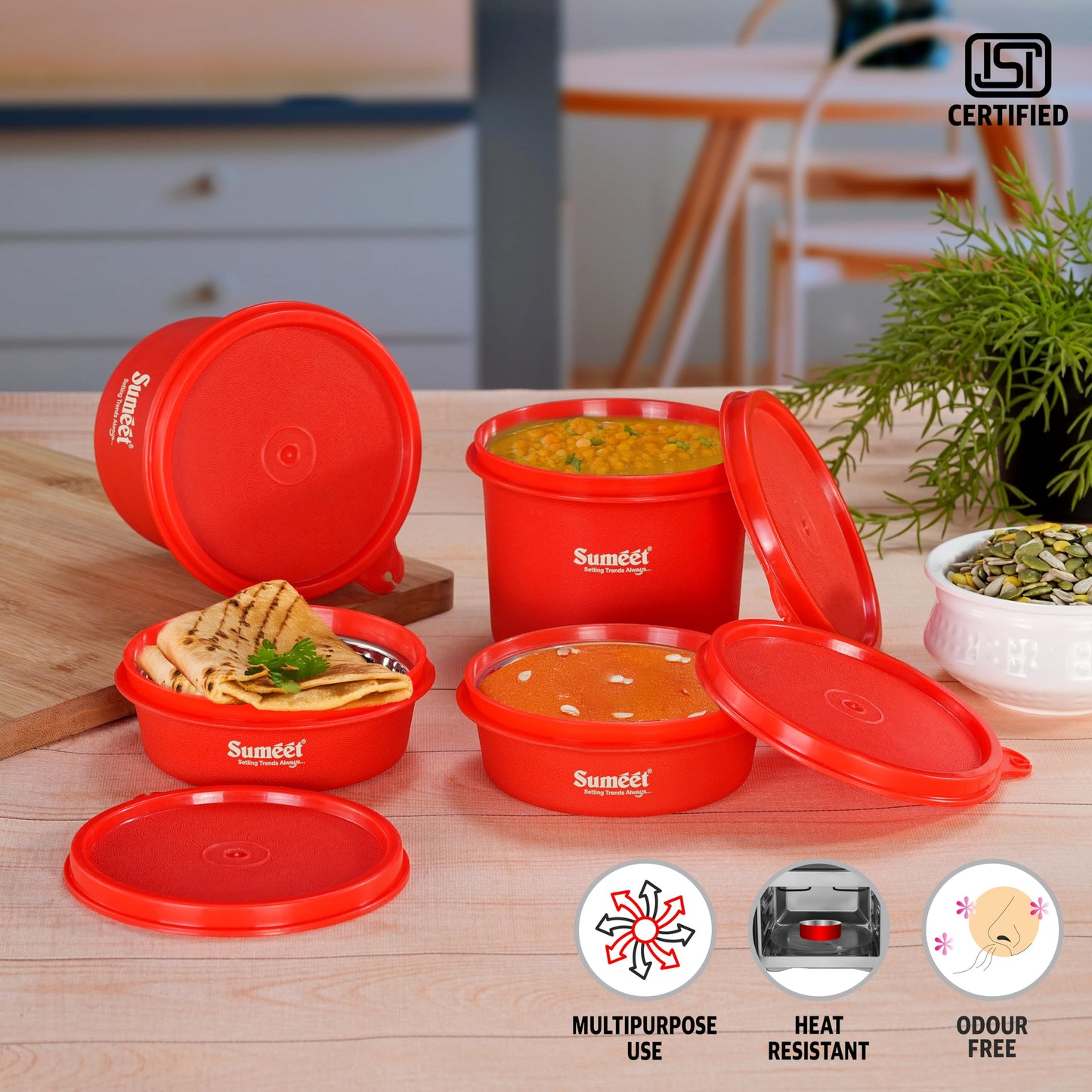 Sumeet ISI Certified Inside Steel Microwave Safe BPA Free Lunch Boxes/Storage Containers with Air Tight & Leak Proof Lid for Home/Office/School, 250ml & 500ml Set of 4, Red
