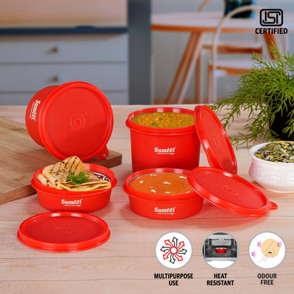 Sumeet ISI Certified Inside Steel Microwave Safe BPA Free Lunch Boxes/Storage Containers with Air Tight & Leak Proof Lid for Home/Office/School, 250ml & 500ml Set of 4, Red