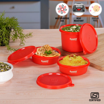 Sumeet ISI Certified Inside Steel Microwave Safe BPA Free Lunch Boxes/Storage Containers with Air Tight & Leak Proof Lid for Home/Office/School, 250ml & 500ml Set of 3, Red