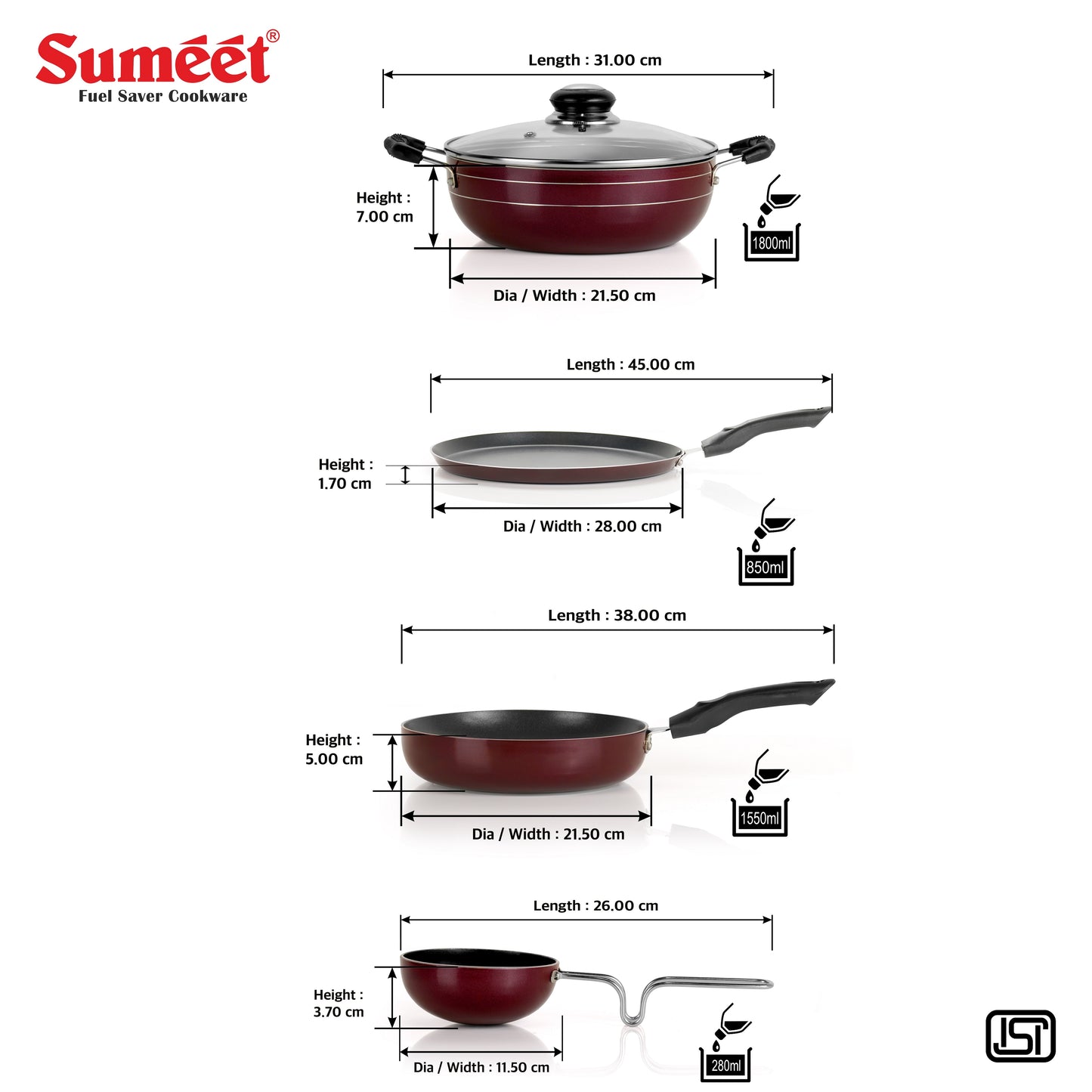 Sumeet Elegantia Induction Base Non Stick Aluminium Cookware Set of 5Pcs - Dosa Tawa 28cm / Deep Kadai with Glass Lid/Fry Pan 21.5cm / 1550ml Capacity/Tadkapan | Gas and Induction Friendly | Cherry