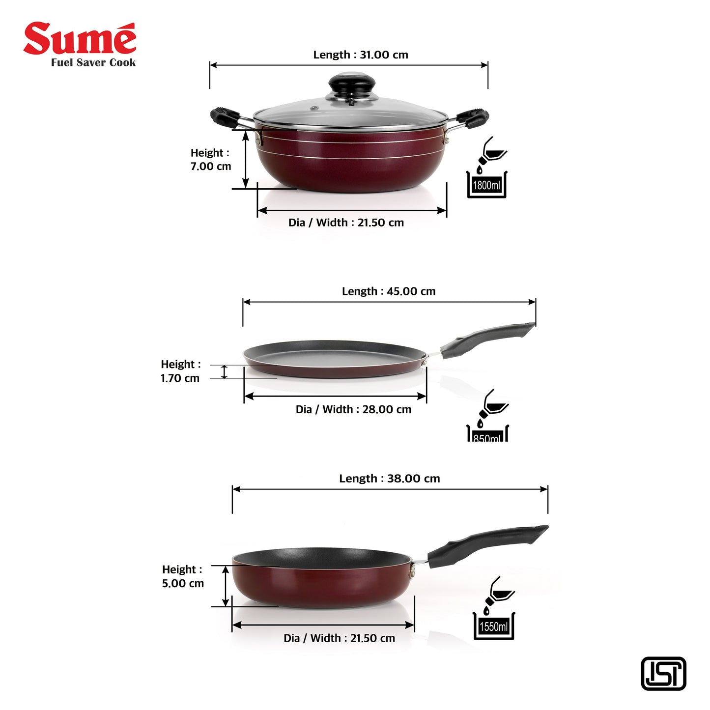 Sumeet Elegantia Induction Base Non Stick Aluminium Cookware Set of 4Pcs - Dosa Tawa 28cm / Deep Kadai with Glass Lid 21.5cm / Fry Pan 21.5cm / 1550ml Capacity | Gas and Induction Friendly | Cherry