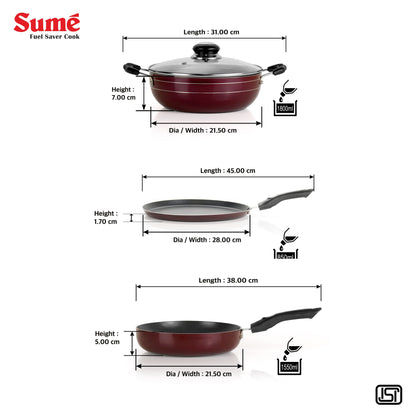 Sumeet Elegantia Induction Base Non Stick Aluminium Cookware Set of 4Pcs - Dosa Tawa 28cm / Deep Kadai with Glass Lid 21.5cm / Fry Pan 21.5cm / 1550ml Capacity | Gas and Induction Friendly | Cherry