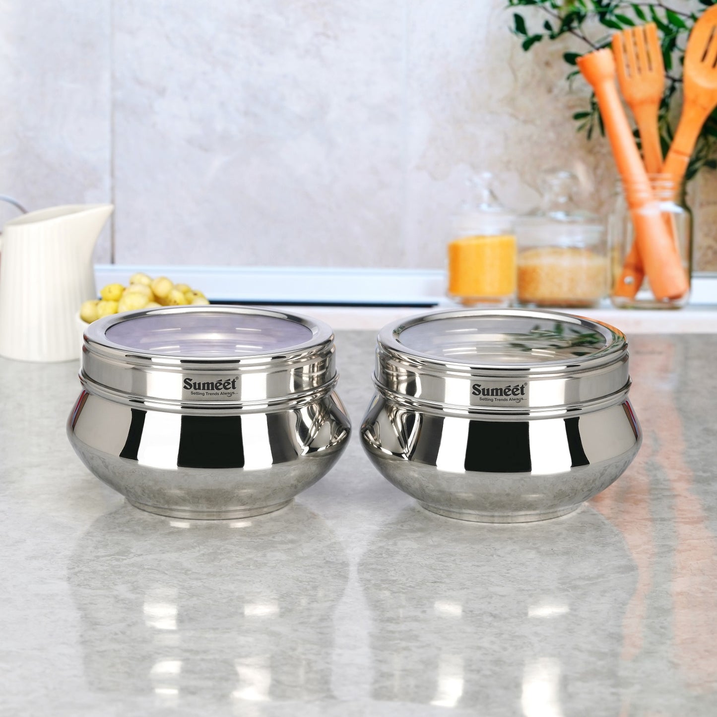 Sumeet Stainless Steel Handi Shape Big Size Canisters/Dabba/Storage Containers Set for kitchen with Transparent See Through Lid, 11.6cm Dia, 800ml, Pack of 2, Silver