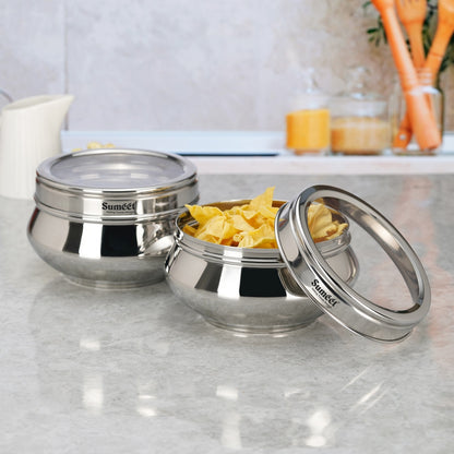 Sumeet Stainless Steel Handi Shape Big Size Canisters/Dabba/Storage Containers Set for kitchen with Transparent See Through Lid, 11.6cm Dia, 800ml, Pack of 2, Silver