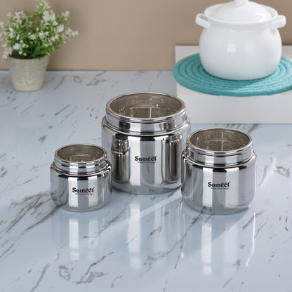 Sumeet Stainless Steel Canisters/Dabba/Storage Containers for Kitchen with See Through Lid, Combo of 3 Pcs (400ml with 9cm Dia, 800ml with 11cm Dia & 1450ml with 13.5cm Dia), Silver