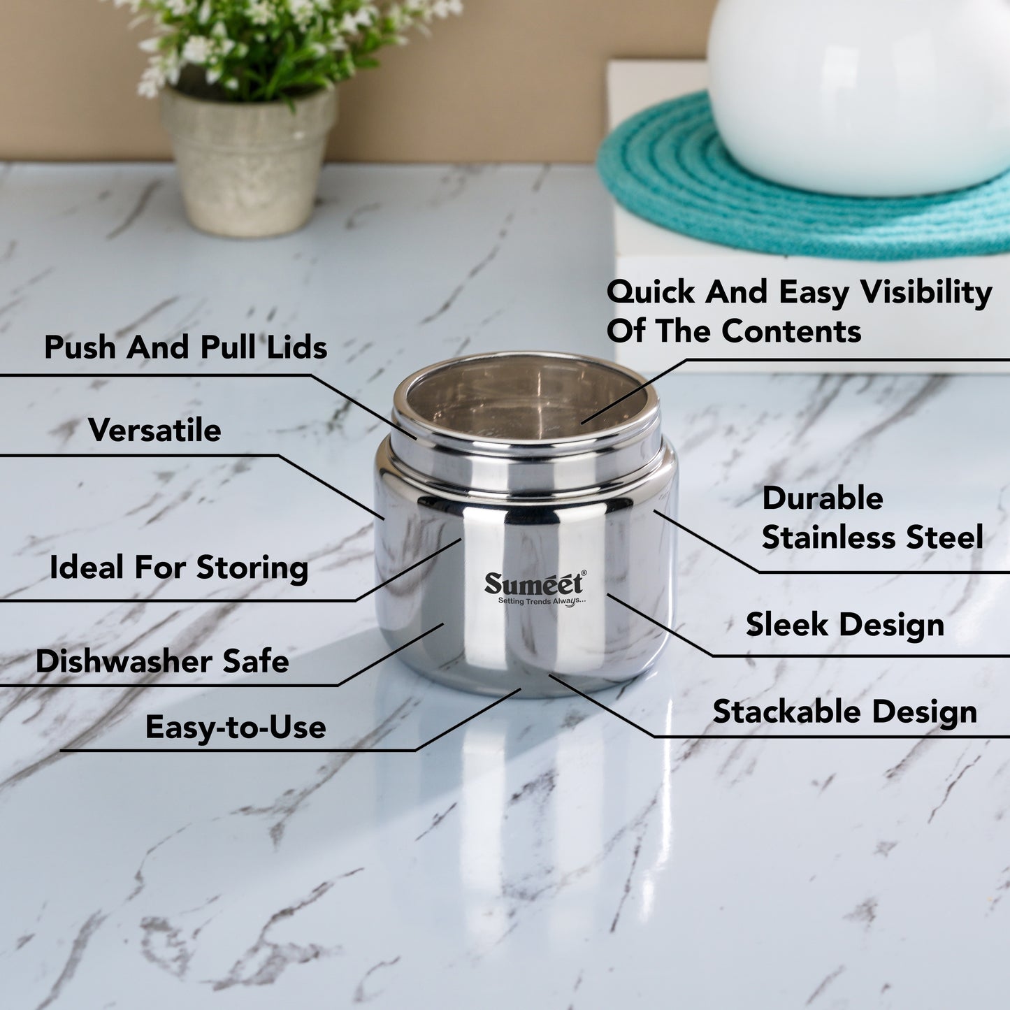 Sumeet Stainless Steel Canisters/Dabba/Storage Containers for Kitchen with See Through Lid, Combo of 3 Pcs (400ml with 9cm Dia, 800ml with 11cm Dia & 1450ml with 13.5cm Dia), Silver